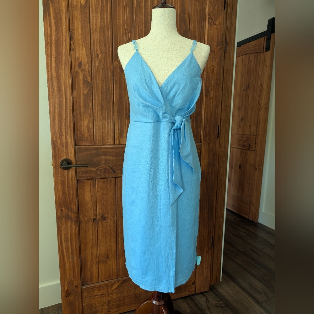 100% Linen REISS NWT PETITE ESME LINEN SIDE TIE MIDI DRESS UK Size 10P, US 6P